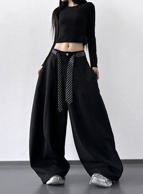 韩舞团黑色高级感西装裤女2026年秋装新款百搭直筒阔腿飘带休闲裤