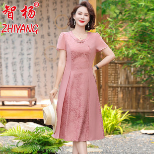 时尚妈妈装夏季立领短袖连衣裙中老年女士新款修身显瘦气质中长款