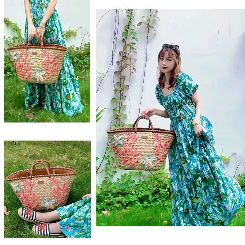 Kate spade海洋珊瑚海星贴花草编大号托特包手提单肩出游度假休闲
