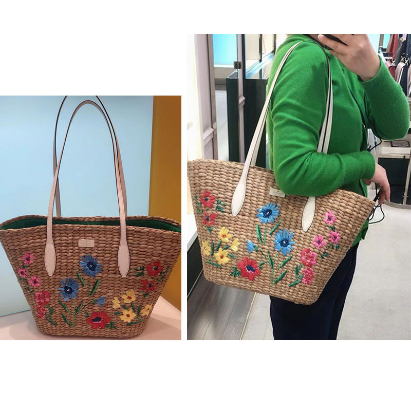 katespade刺绣彩色花卉草编包KS