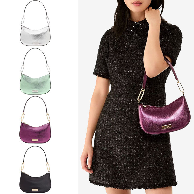 kate spade 2025新款金属紫金属绿色节日银色月牙包腋下包马鞍款