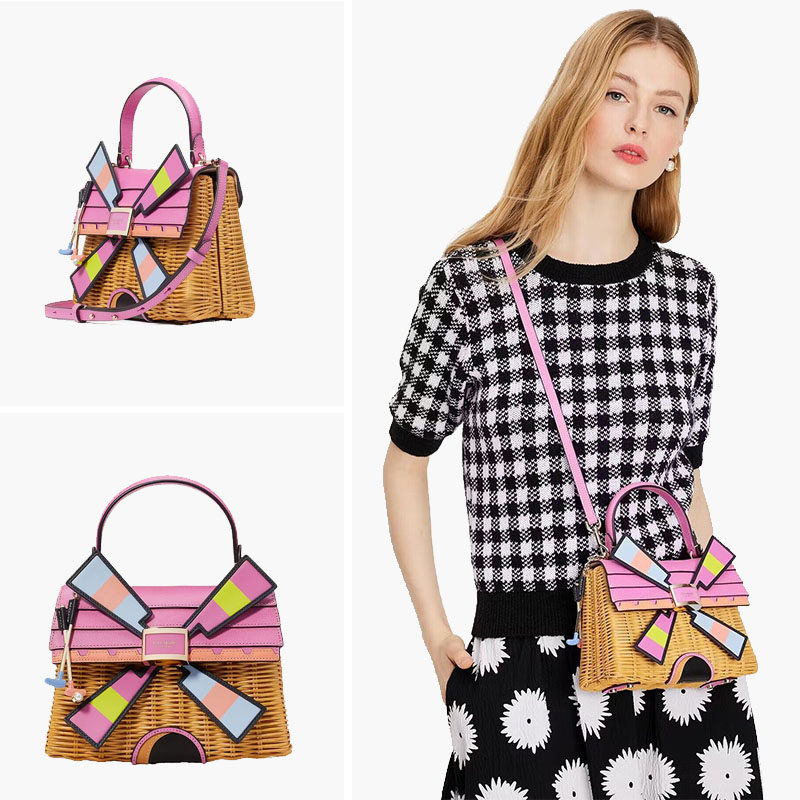 kate spade 2024新款粉色风车小房子手提斜挎藤编织野餐包凯莉包