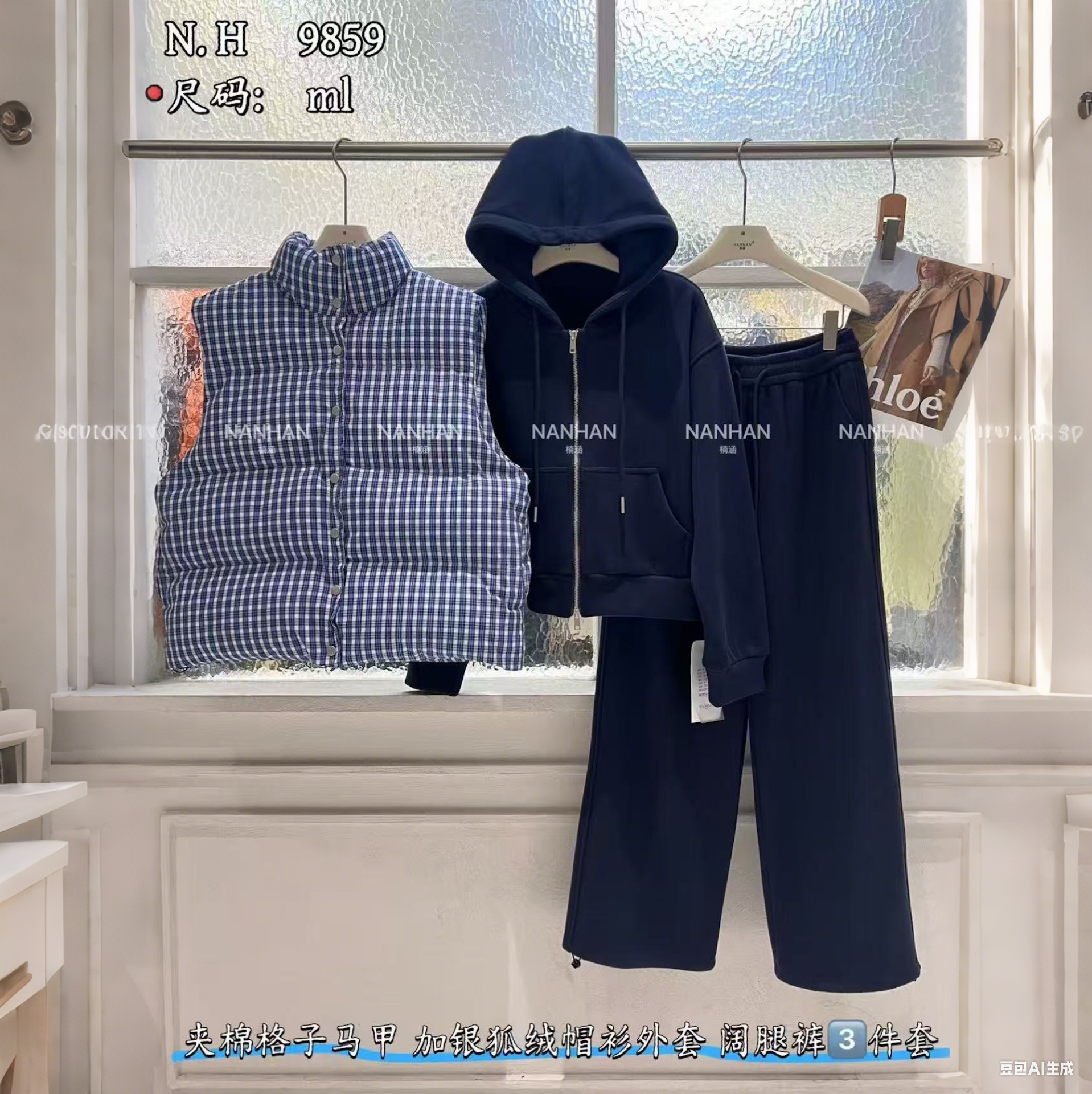 NANHAN正品银狐绒三件套无袖蓝格夹棉马甲连帽拉链外套阔腿裤套装