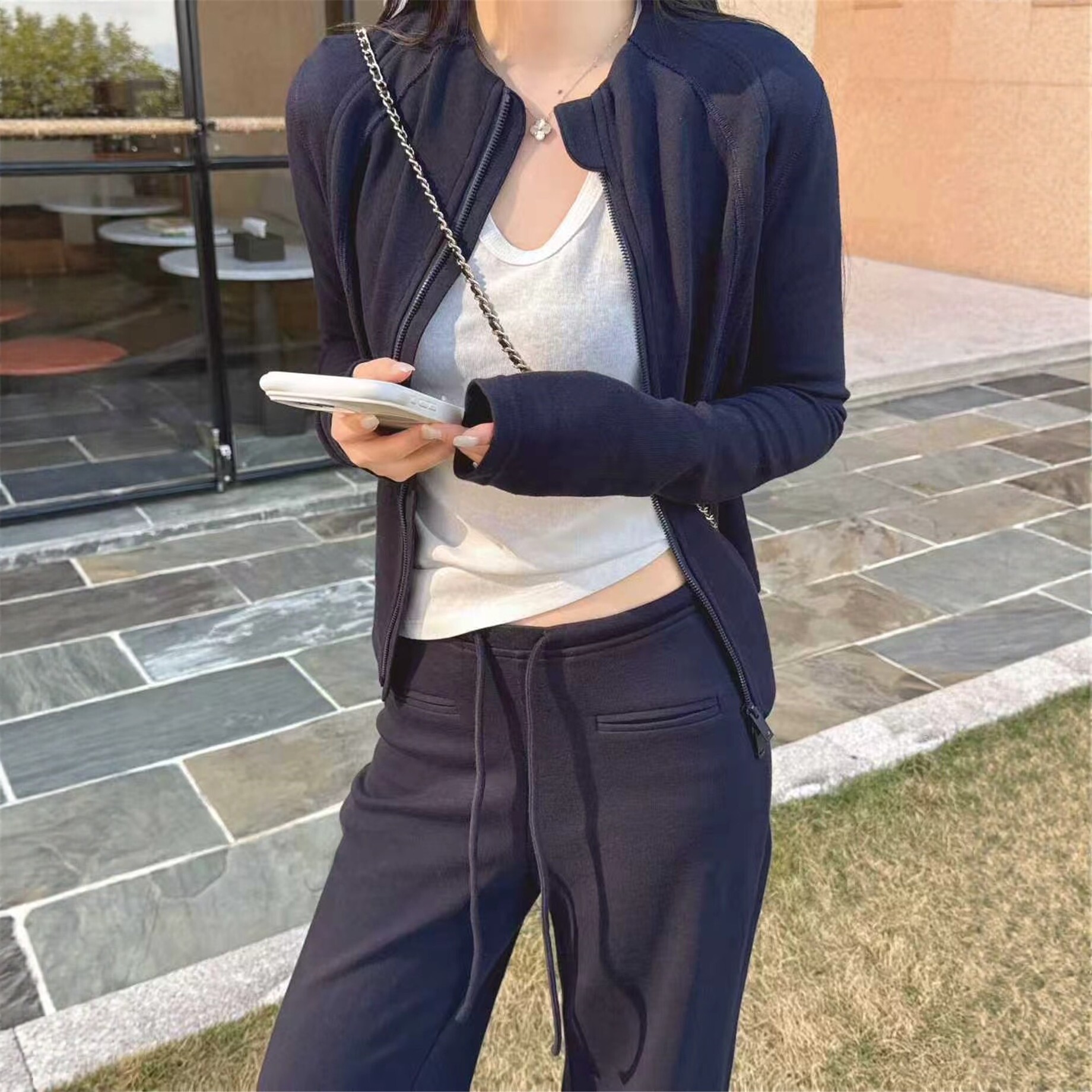 NANHAN正品两件套套装早春立领拉链长袖开衫+抽绳直筒裤休闲显瘦c