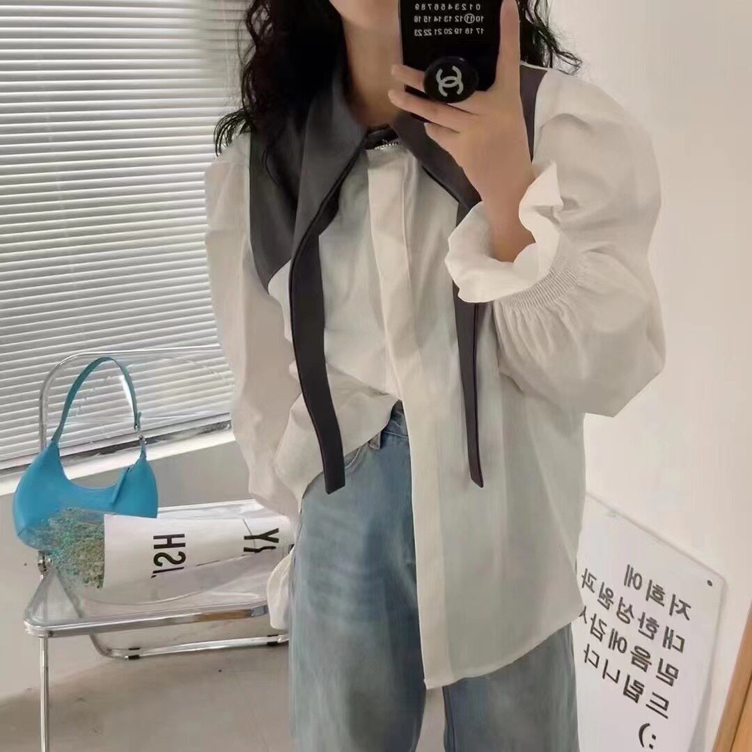 长袖衬衫女领口设计感拼色喇叭袖气质女人味温柔减龄单排扣衬衣秋