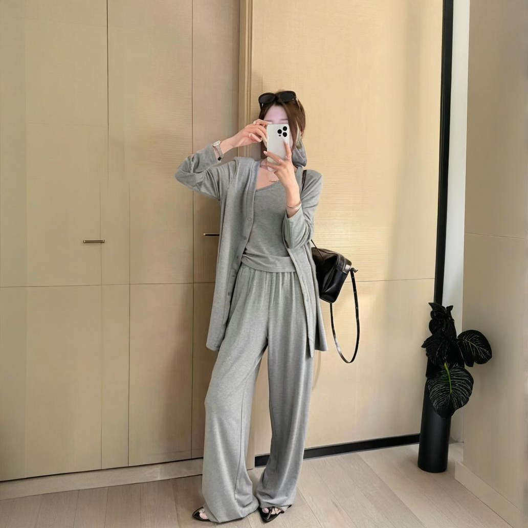 三件套套装女长袖中长款开衫小版合身内搭直筒拖地长裤女人味套装