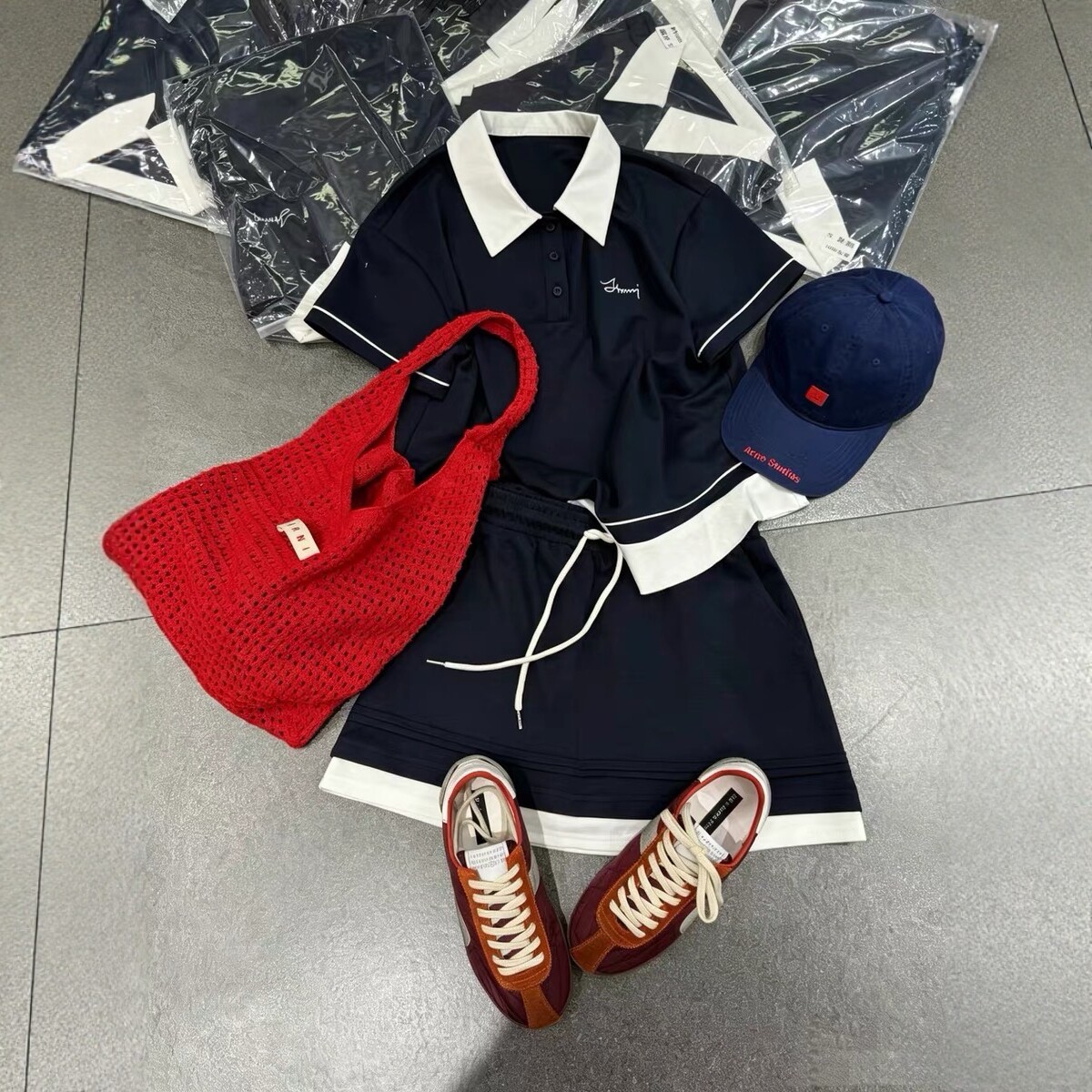 JNWZ正品两件套女拼白边娃娃款不规则polo上衣T+半身短裙减龄套装