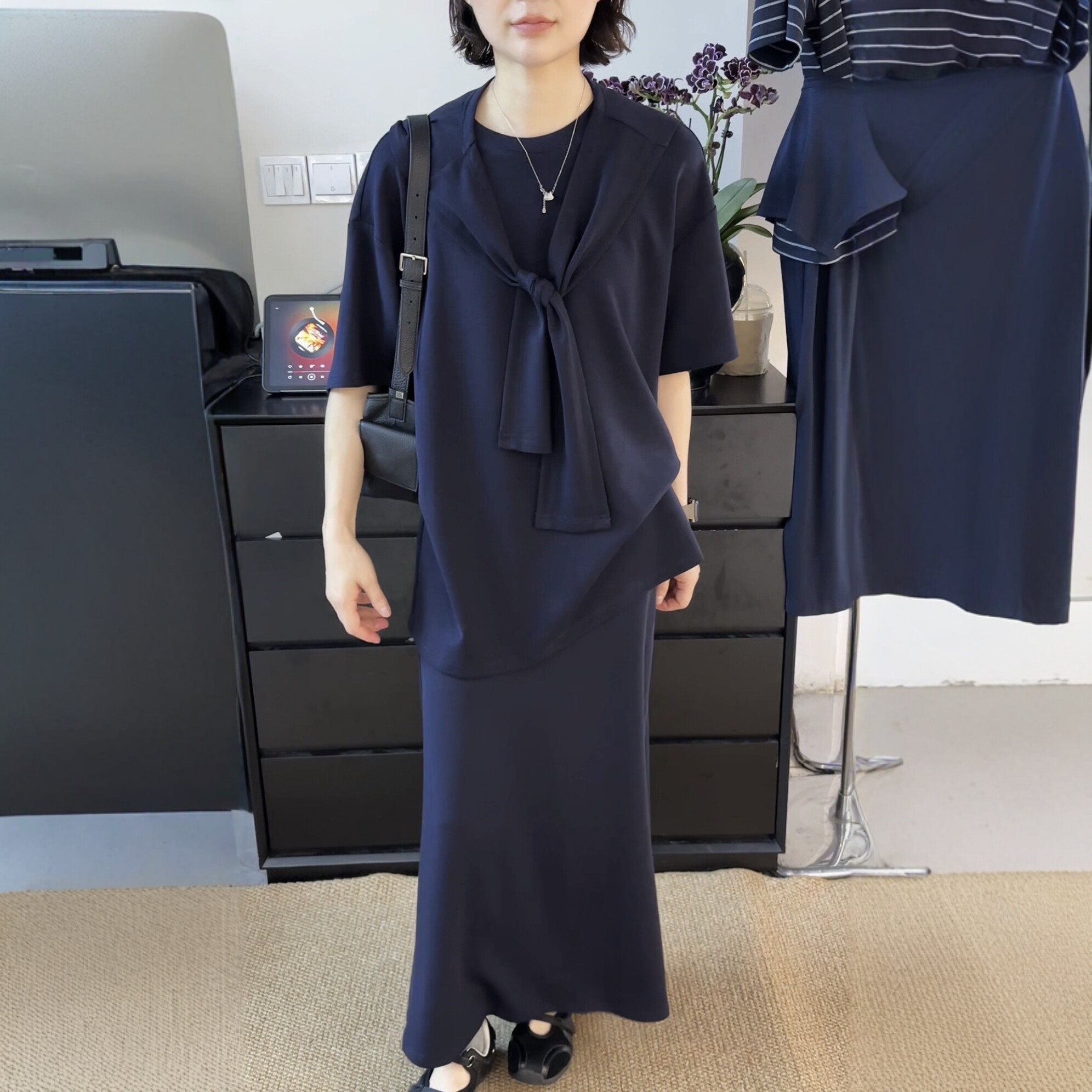 三件套套装女短袖大版T恤+半身长裙+披肩T纯色简约宽松减龄显瘦韩
