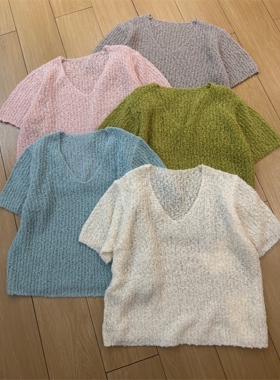 缤典BD正品2026年春季韩系V领短袖针织衫女宽松百搭显瘦上衣多色