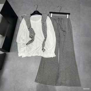 条纹披肩休闲套装 BSMD正品 喇叭长裤 白色T恤薄防晒衣 两件套女长袖