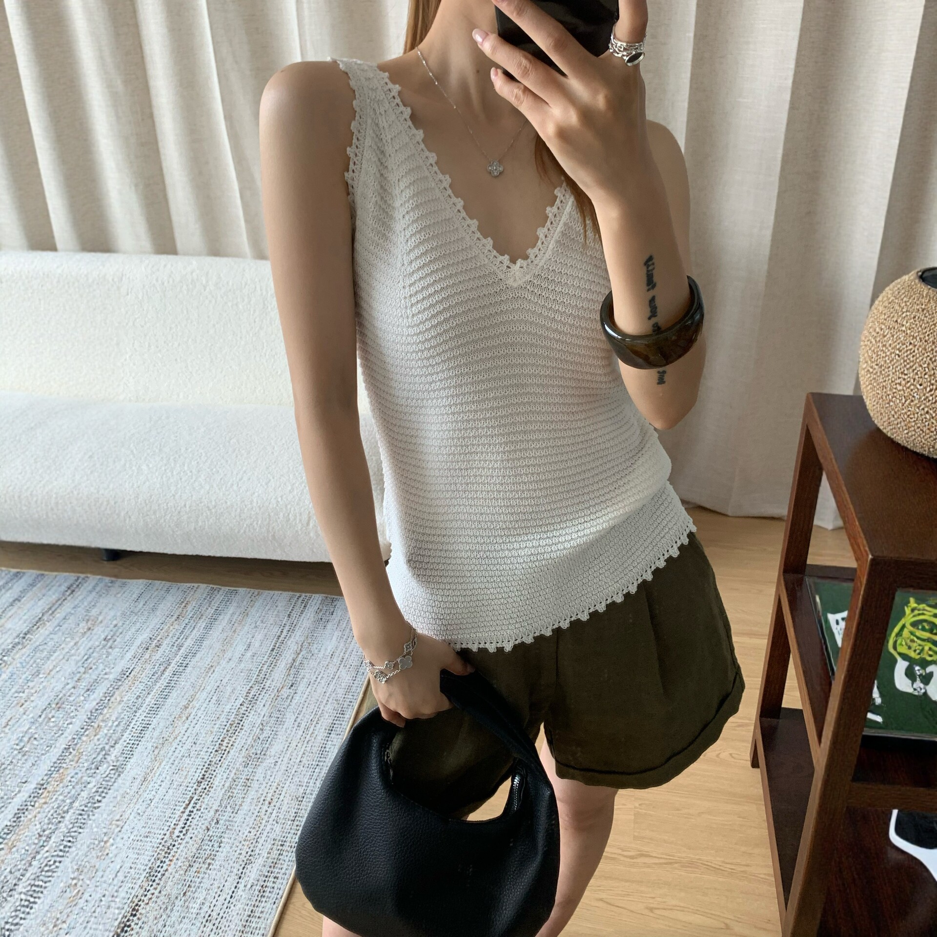 缤典BD正品法式简约花边V领针织背心女无袖上衣松弛感吊带外穿夏c