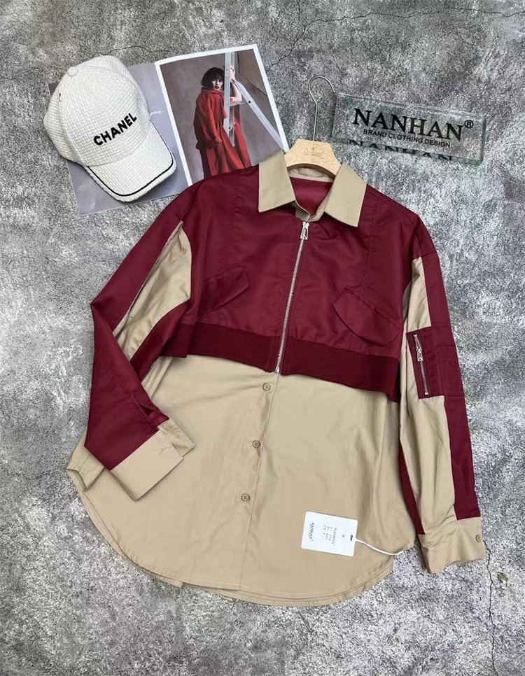 NANHAN正品翻领衬衫拉链短外套拼接假两件中长款上衣个性外套女潮