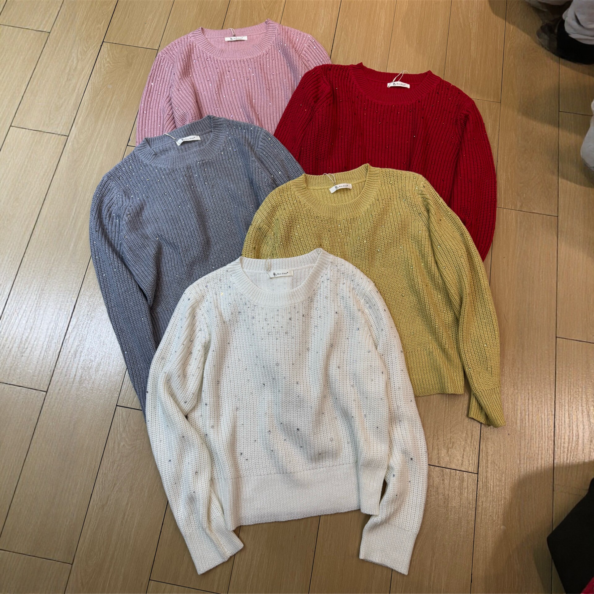 缤典BD正品慵懒风圆领套头亮片毛衣女宽松显瘦百搭针织衫多色上衣