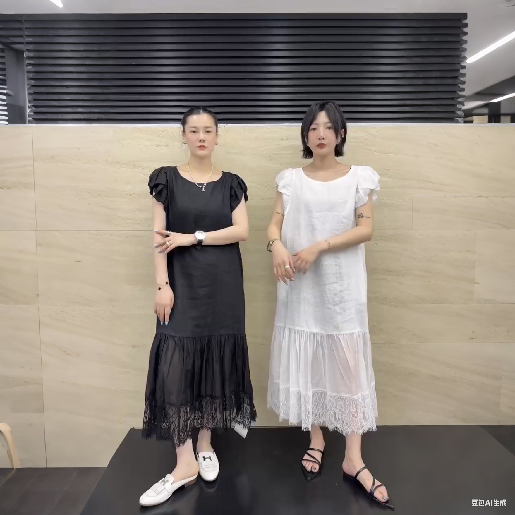 花瓣袖连衣裙女小众长裙拼网纱钩花蕾丝气质减龄女人味显瘦透气夏