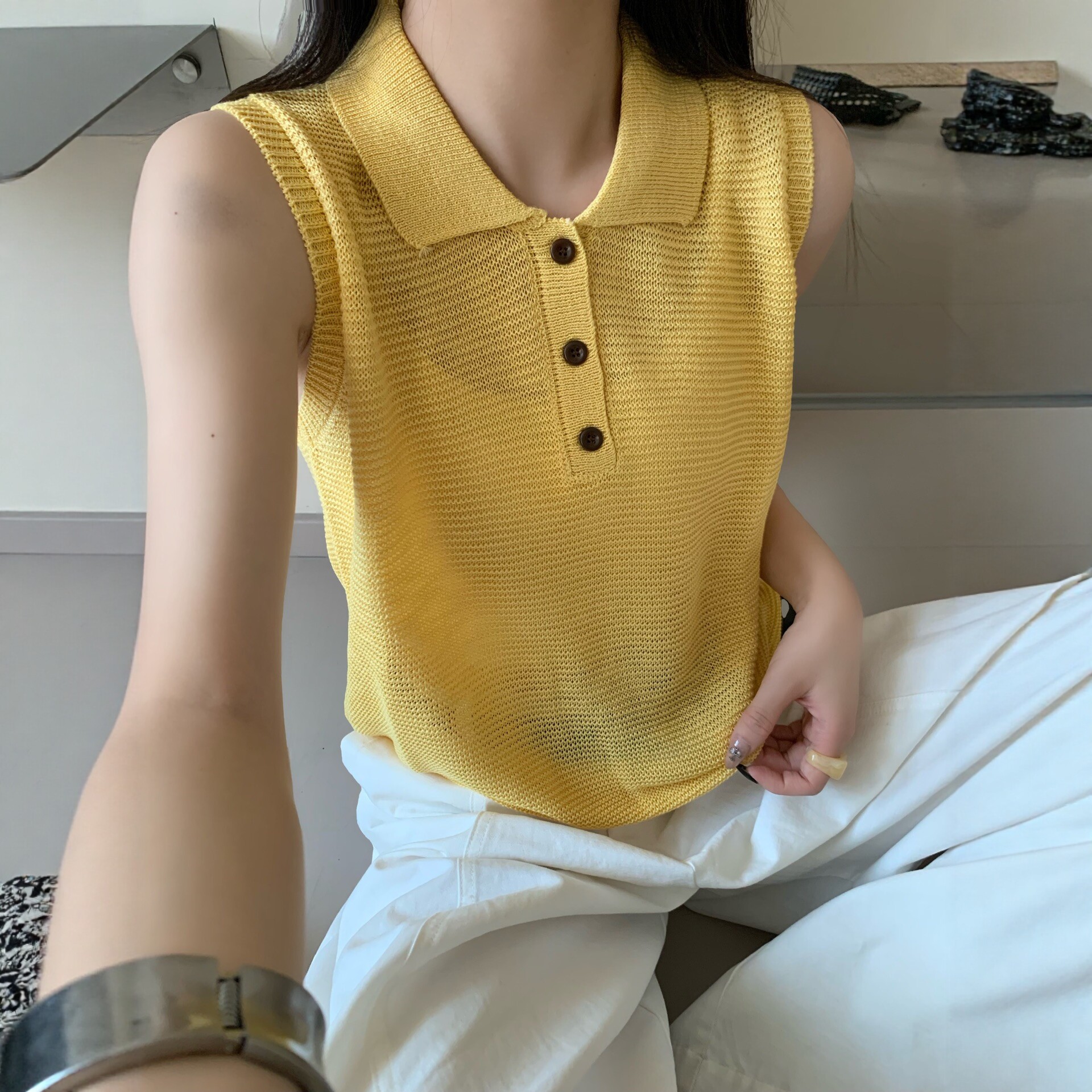 韩系polo领针织衫背心女纯色清新无袖马甲百搭显瘦外搭上衣夏季新