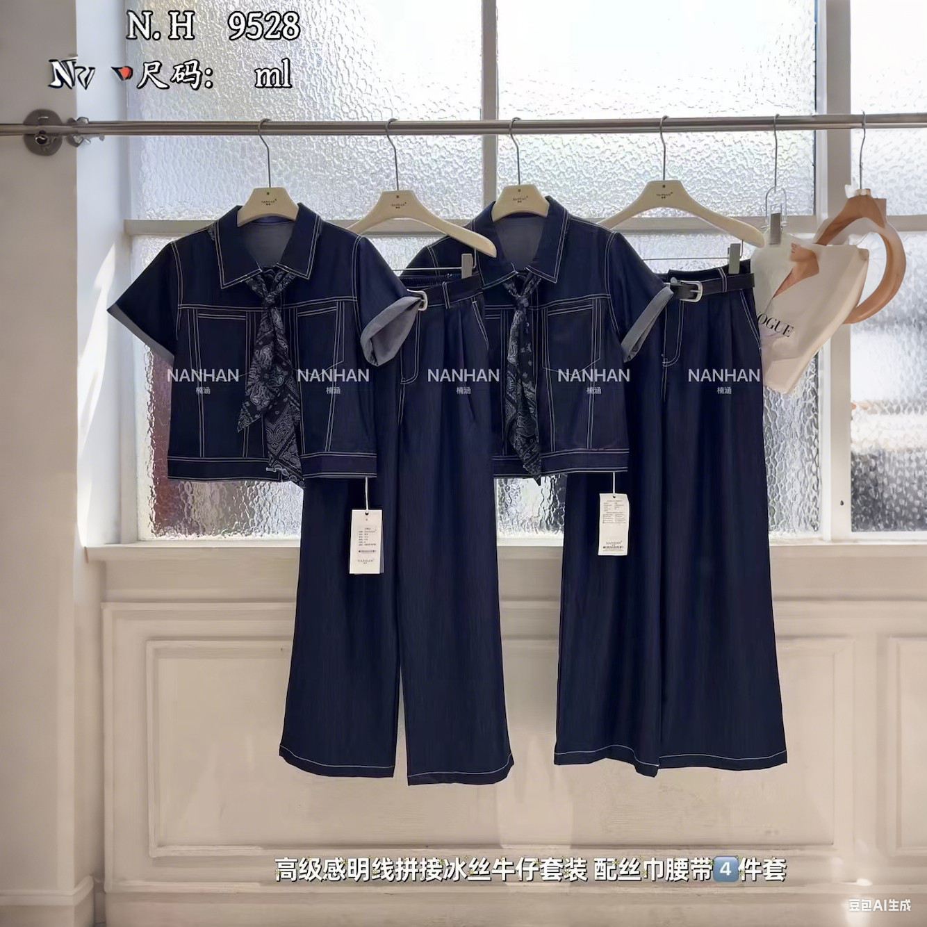 NANHAN正品四件套女短款冰丝牛仔开叉外套+阔腿直筒长裤明线套装