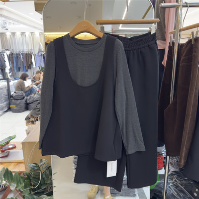 三件套套装长袖纯色大版灰色T恤+背心吊带+直筒裤腿裤子休闲时尚c