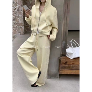 套装 NANHAN正品 两件套套装 休闲连帽卫衣开衫 女 烫钻宽松显瘦阔腿裤