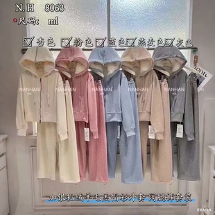NANHAN正品 卫衣外套阔腿裤 休闲套装 冬 银狐绒两件套连帽羊毛羔短款