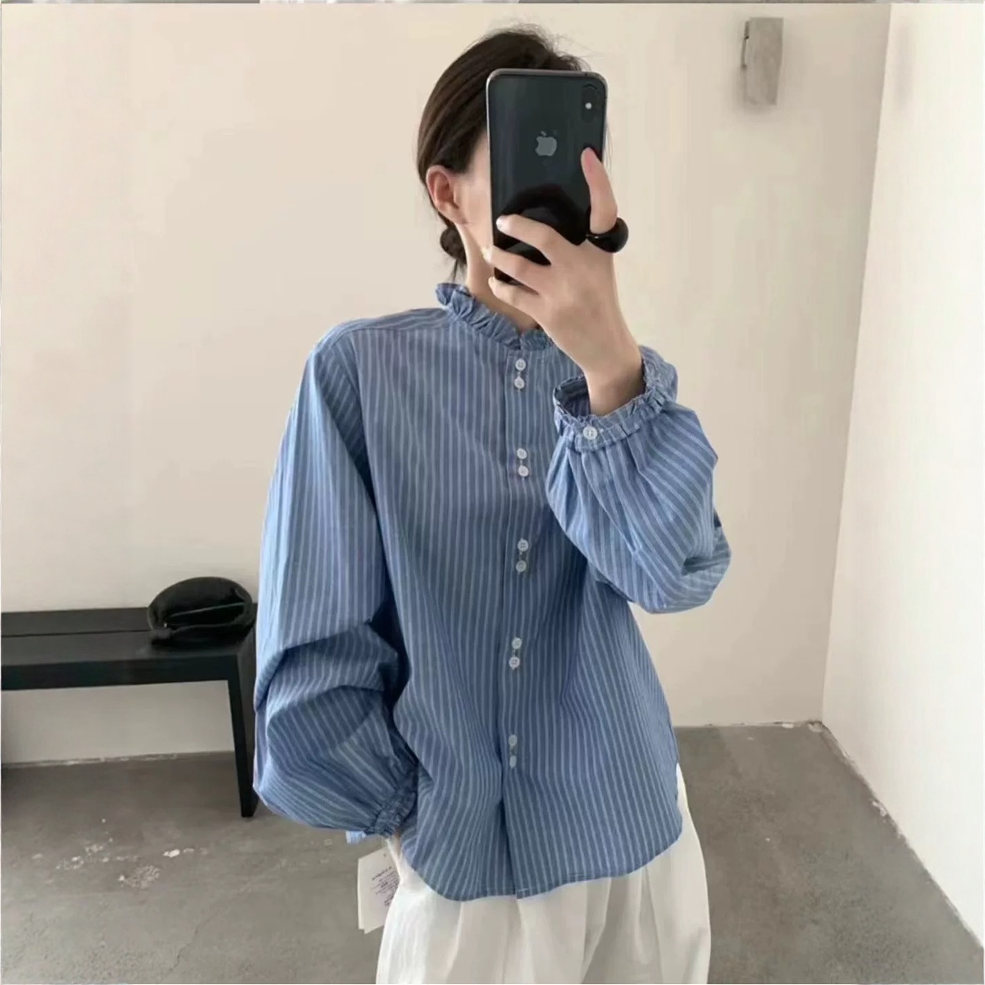 法式高级感木耳花边领条纹衬衫女宽松灯笼袖加绒轻熟简约衬衣打底