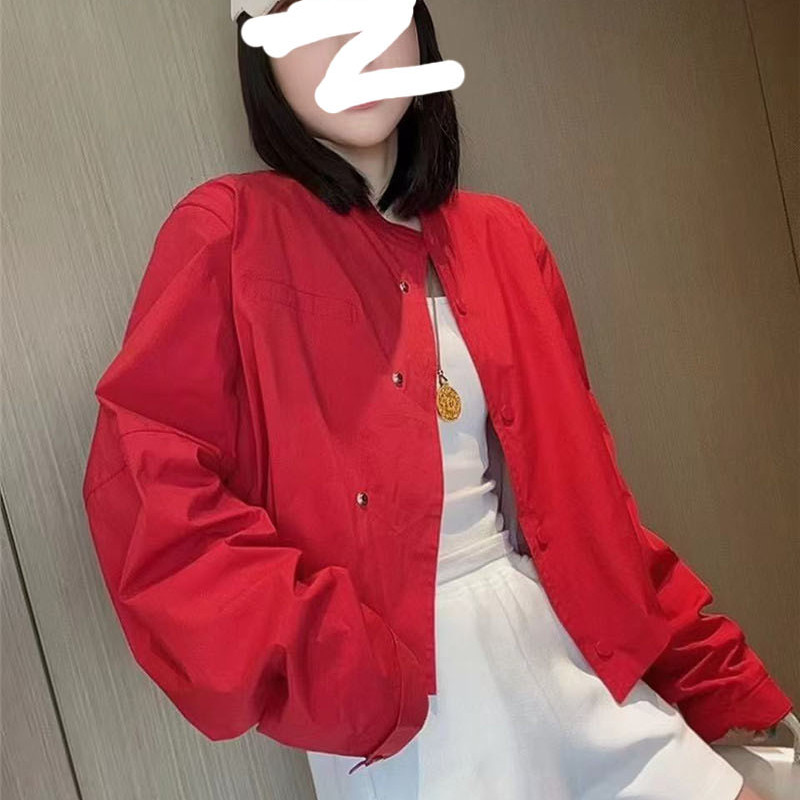 短外套女春单排扣圆领宽松显瘦减龄洋气斜口休闲上衣防晒衣纯色潮