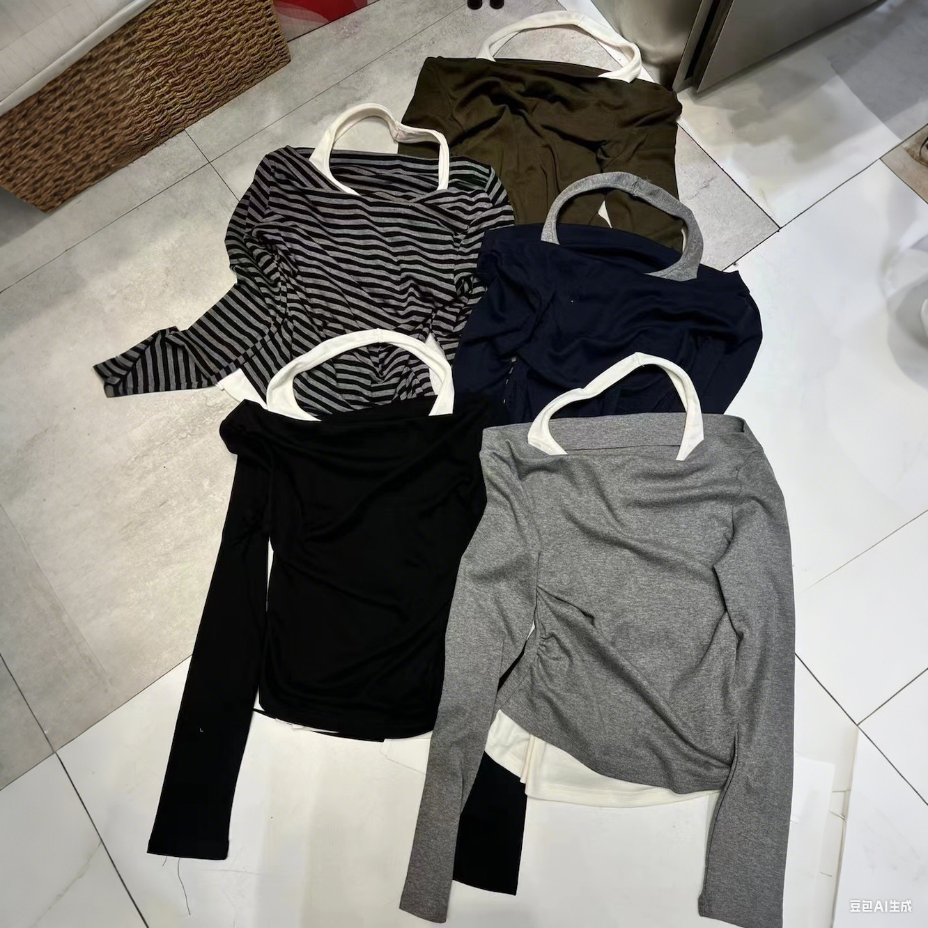 LD正品长袖假两件上衣女挂脖一字露肩褶皱合身小版气质女人味减龄