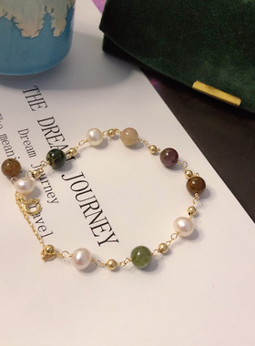 Clarea天然淡水珍珠满天星手链女小众轻奢14k包金混彩碧玺手链