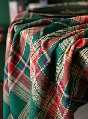 MerryChristmas圣诞墨绿红格子餐桌布宴会餐布圣诞节摆拍背景布