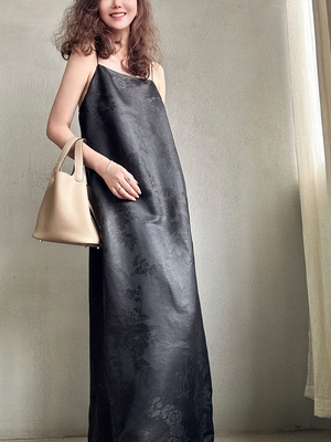 时尚A香云纱花鸟开衩侧袋吊带裙