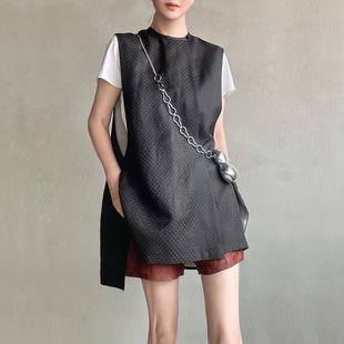 缓圆原创 外搭中长马夹马甲女型利器 国风香云纱桑蚕丝铜钱纹大版