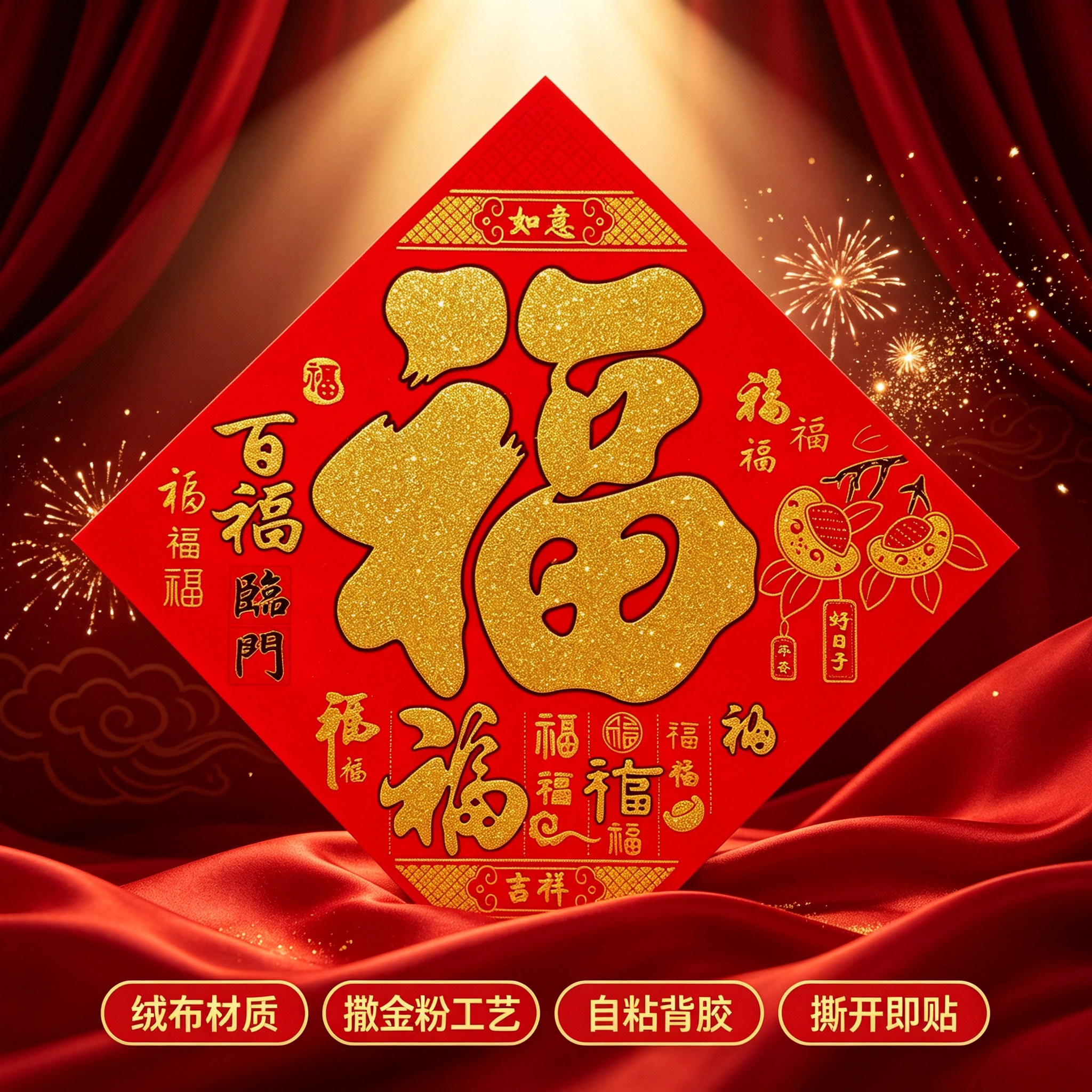 新款绒布自粘福字贴门贴撒金粉门幅斗方新年装饰画春节窗花