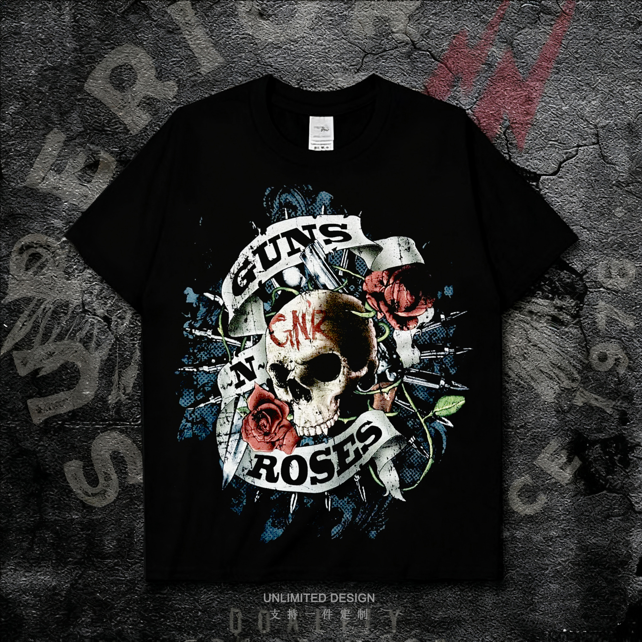 Guns N' Roses摇滚骷髅头印花短袖T恤男女款街头风黑色纯棉上衣夏