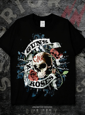 Guns N' Roses摇滚骷髅头印花短袖T恤男女款街头风黑色纯棉上衣夏