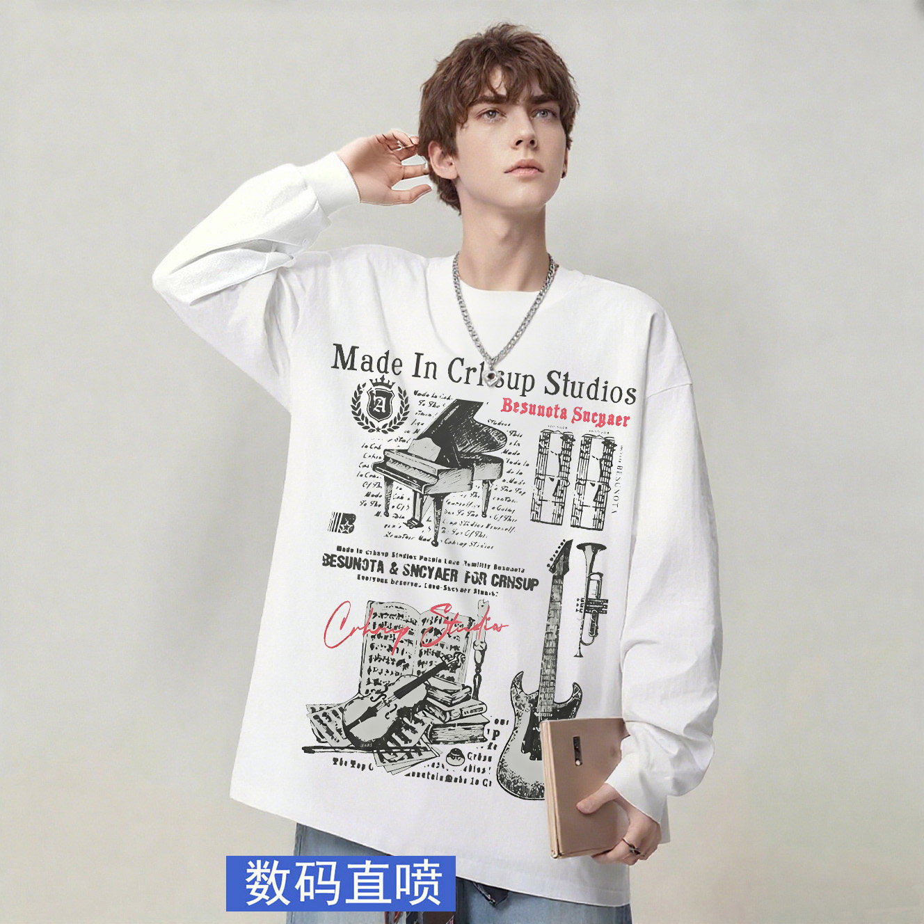 美式vintage乐器印花圆领宽松纯棉男生长袖T恤打底上衣春秋季百搭