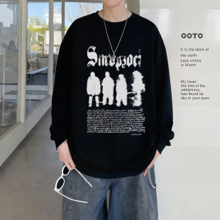 美式春秋款人物倒影印花青少年重磅纯棉长袖T恤男生新款宽松上衣