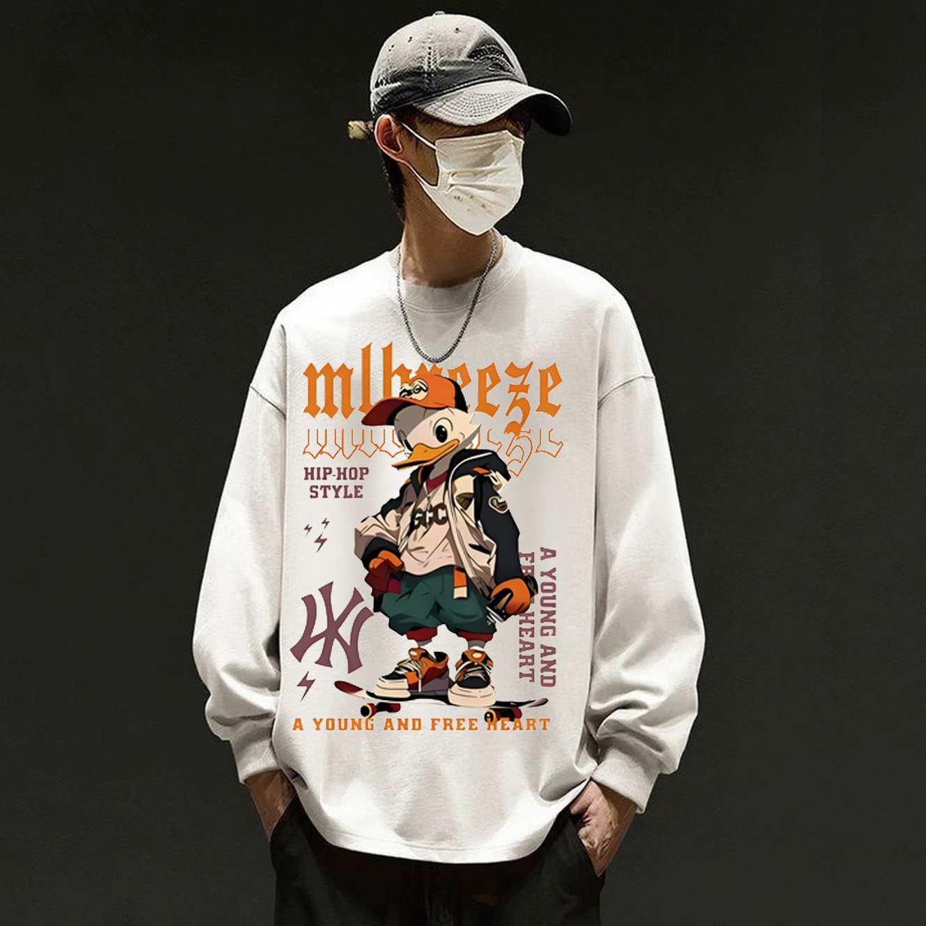 美式潮流卡通印花长袖T恤男款宽松百搭纯棉圆领上衣打底衫春秋冬