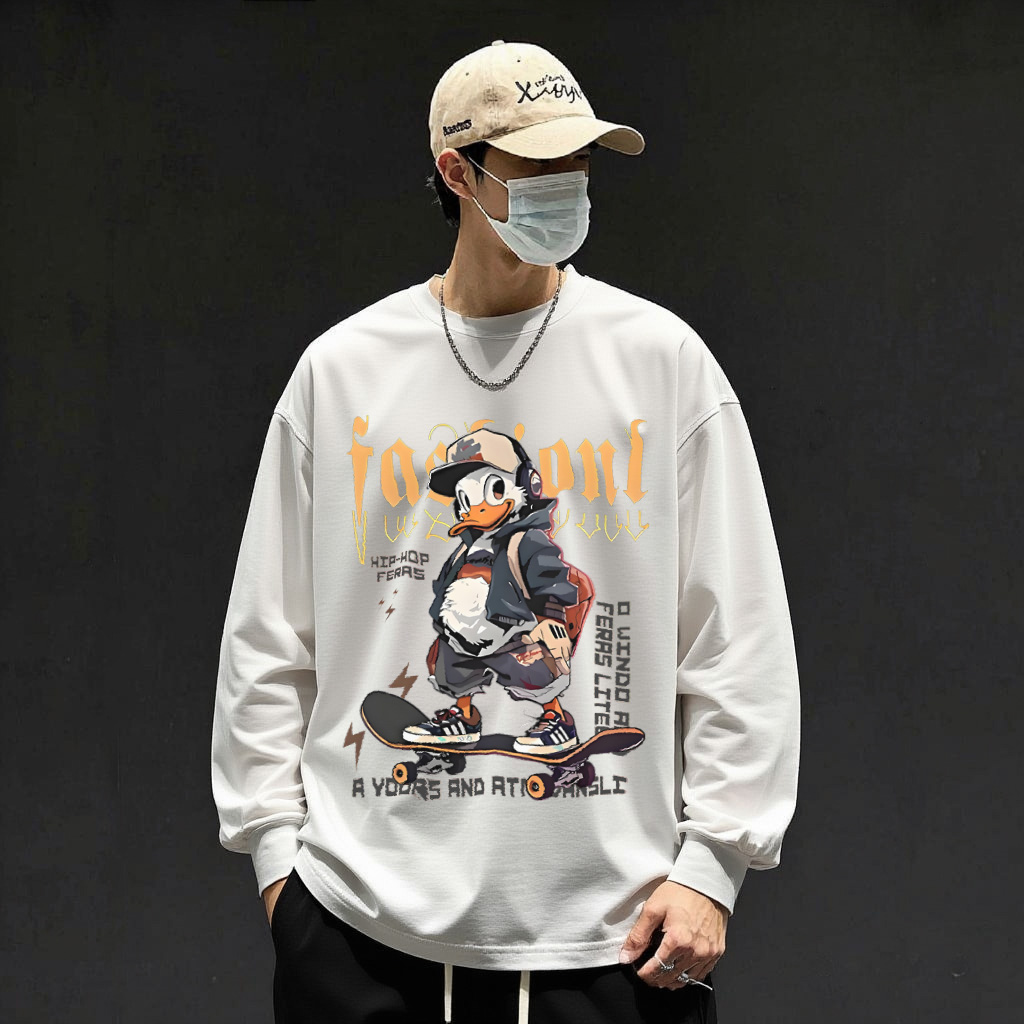 美式新款重磅设计感卡通印花纯棉长袖t恤男款百搭宽松上衣春秋款