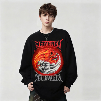 Metallica金属乐队骷髅印花长袖T恤男暗黑风摇滚黑色上衣打底秋冬