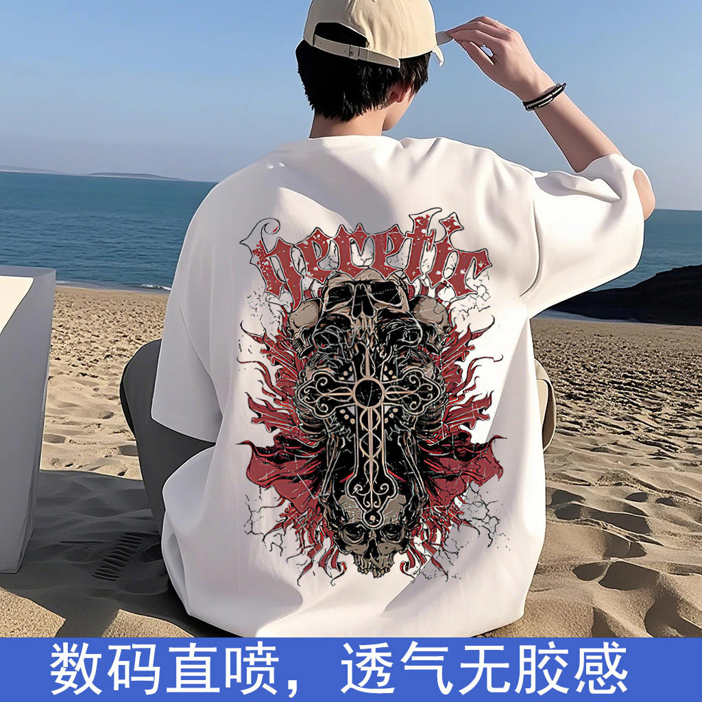 印花短袖T恤上衣纯棉圆领男夏季