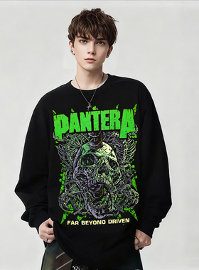 PANTERA摇滚骷髅印花长袖T恤男女黑色欧美嘻哈风纯棉百搭上衣春秋