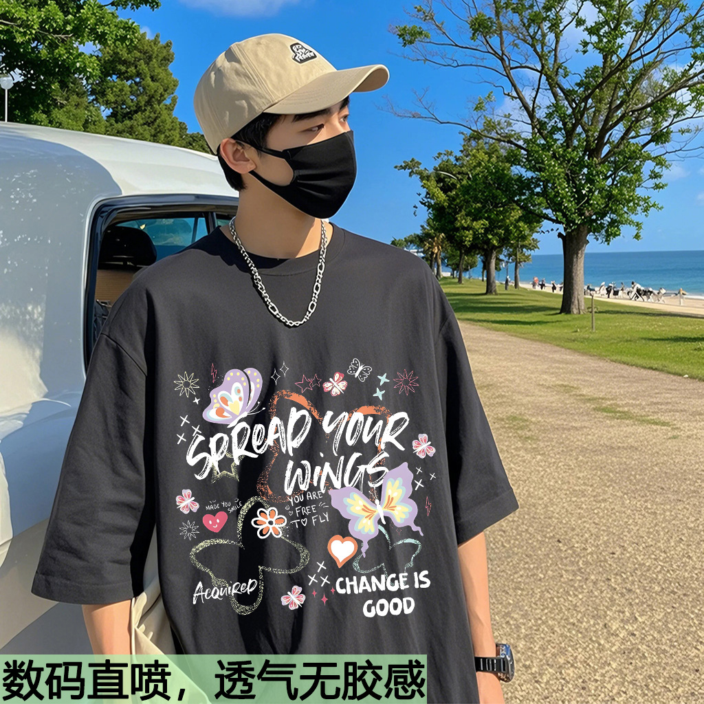青少年韩版纯棉百搭个性数码直喷印花圆领短袖T恤上衣男女同款夏