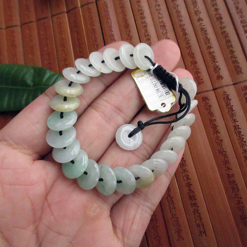 保真三彩12mm大平安扣手链天然a货翡翠玉75422缅甸玉 平平安安手