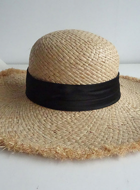 062310 毛毛边拉菲草编草帽 女士夏天遮阳帽户外出游沙滩帽太阳帽