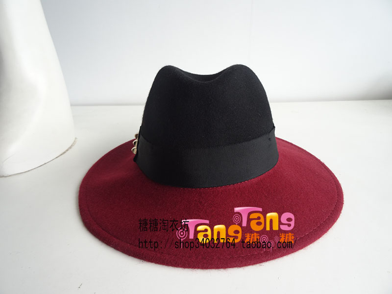 101410 黑色撞红色 女士宽檐爵士潮帽秋冬毡帽纯羊毛呢帽尼帽礼帽