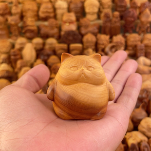 天然崖柏木雕肥猫文玩手把件可爱呆萌小猫咪家居装饰品桌面小摆件
