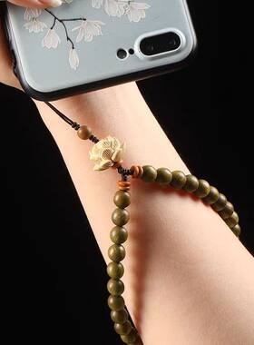 檀木手机挂绳精致莲花国风短款手机链崖柏手腕男女防丢挂件挂饰