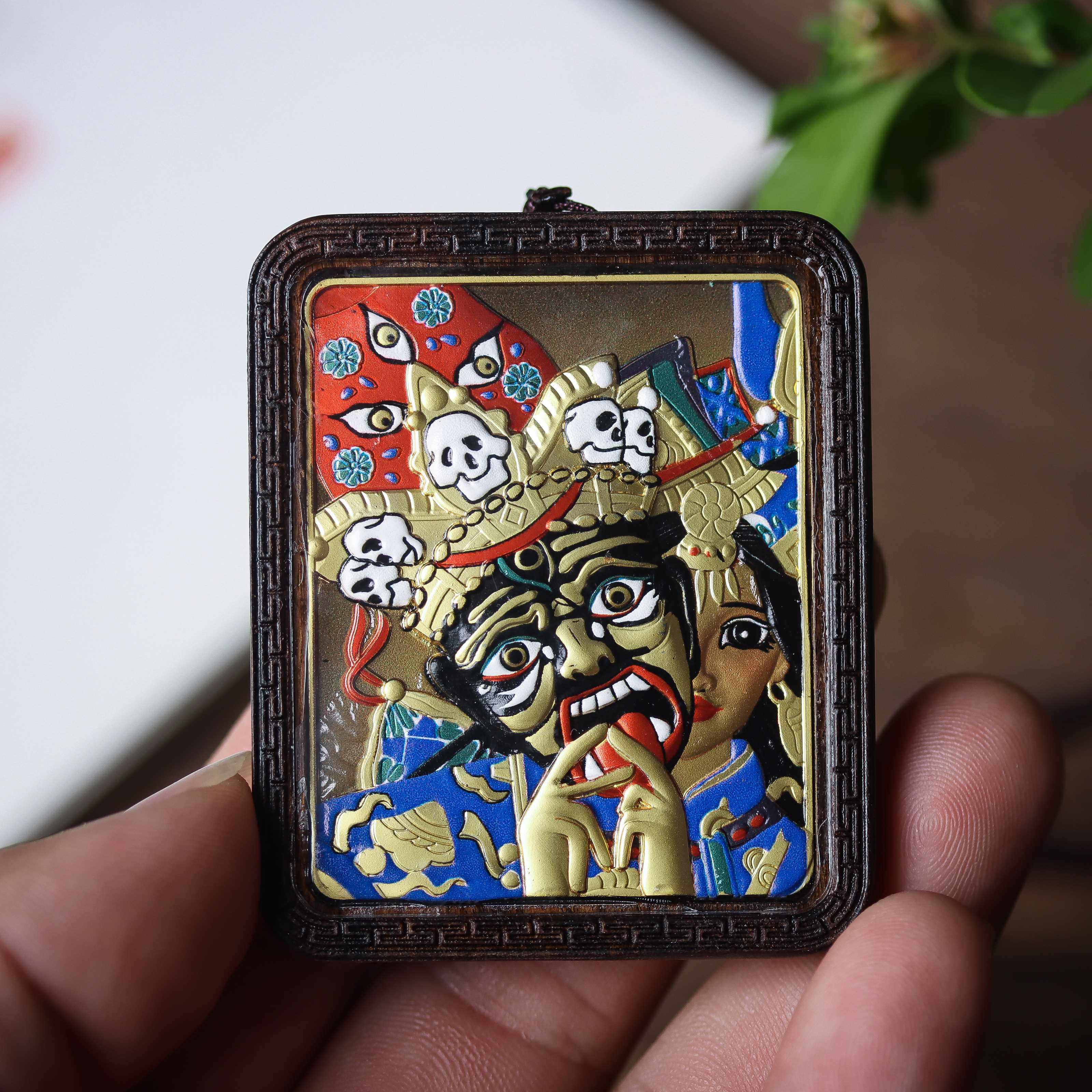 沉香木扎基拉姆唐卡吊坠西藏彩绘黄财神四方佛牌项链黑财神车挂件