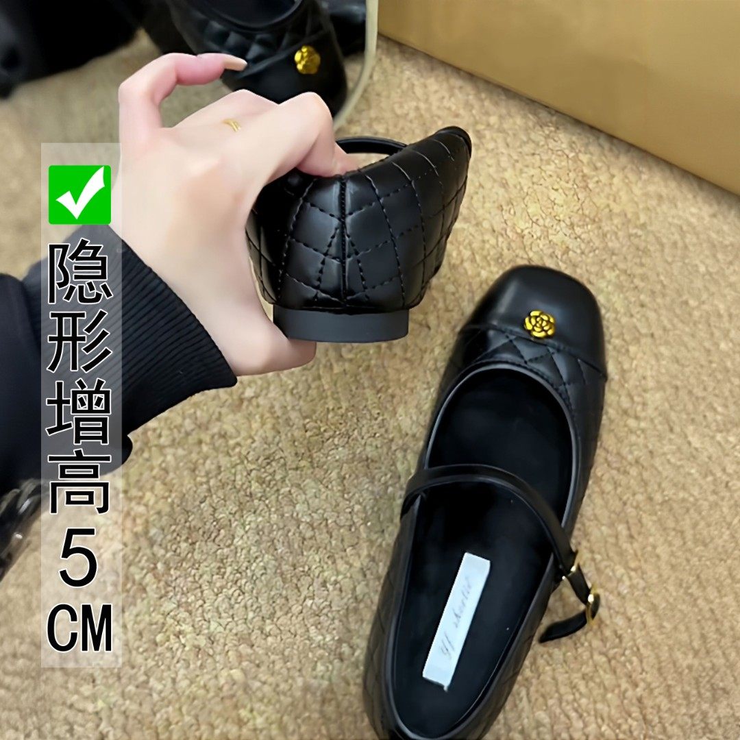 春季女法式玛丽珍鞋内增高金扣山茶花菱格方头一字带小香风单鞋女,女鞋,玛丽珍鞋,淘宝优惠券,粉丝福利购,淘宝优惠卷