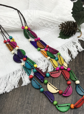 复古民族风彩色三层沙滩木质项链