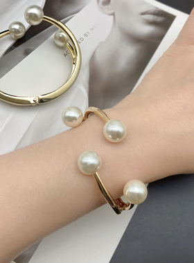 Bracelet日韩不对称嵌珍珠金属开口手镯春夏通勤配饰百搭时尚饰品